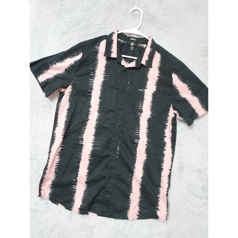 Volcom Shirt Mens Large Modern Fit Short Sleeve Tie Dye Stripe Black Pink Surfer